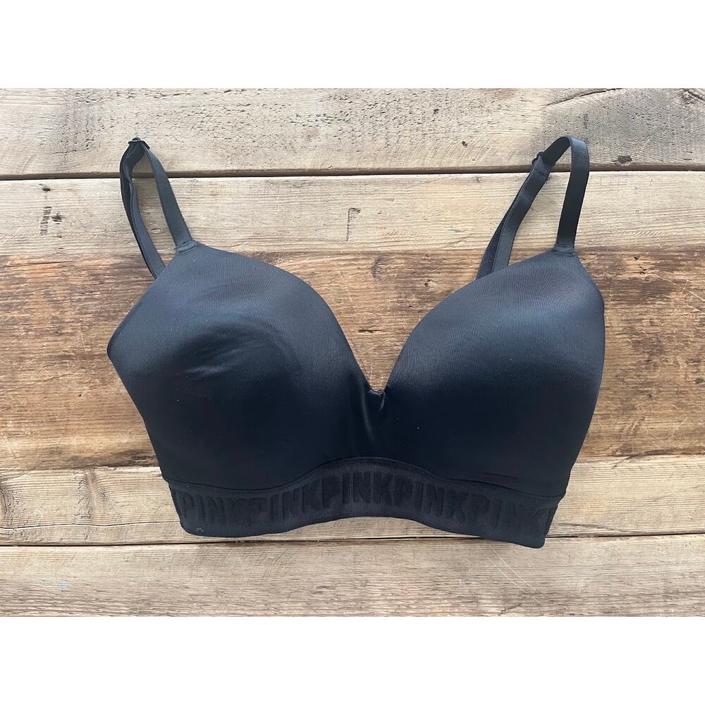Victoria's Secret PINK Black Logo Band 32DD Wear Everywhere Lined Wireless Bra